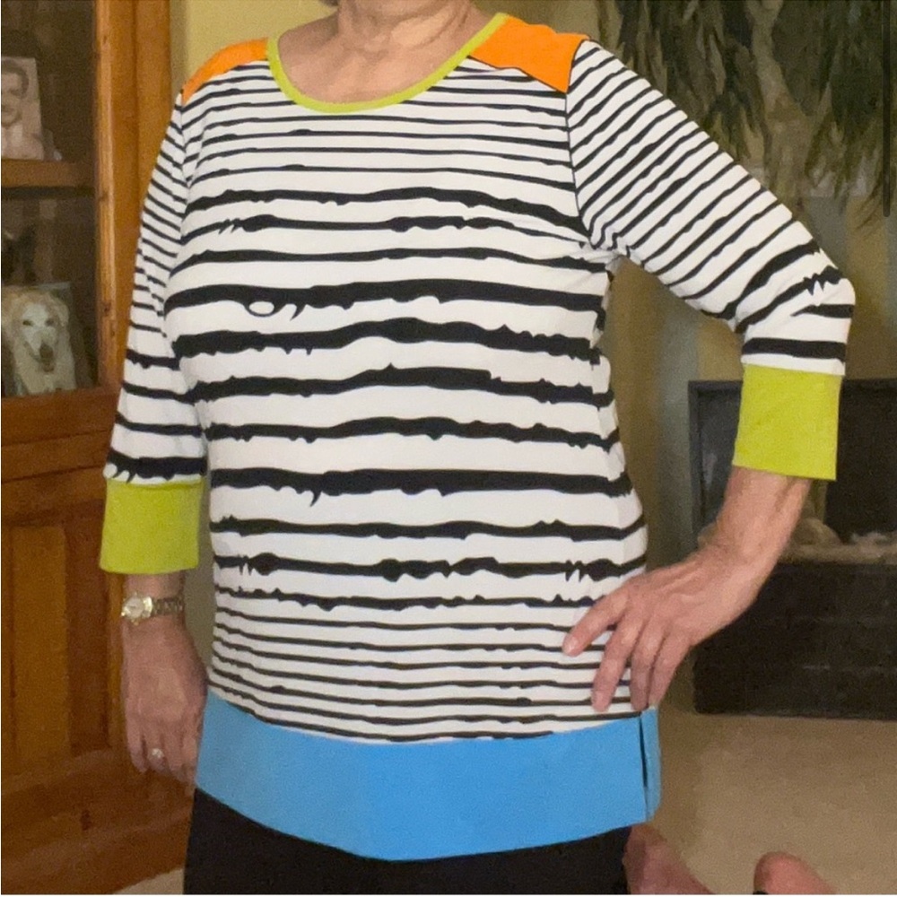 NWOT Black & White Striped Top with Orange and Blue Color Blocks, Zebra Print,XL